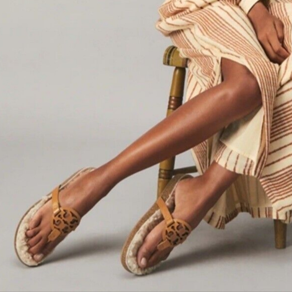 Tory Burch Miller Cloud Shearling Sandal In Caramel Corn Sz 10